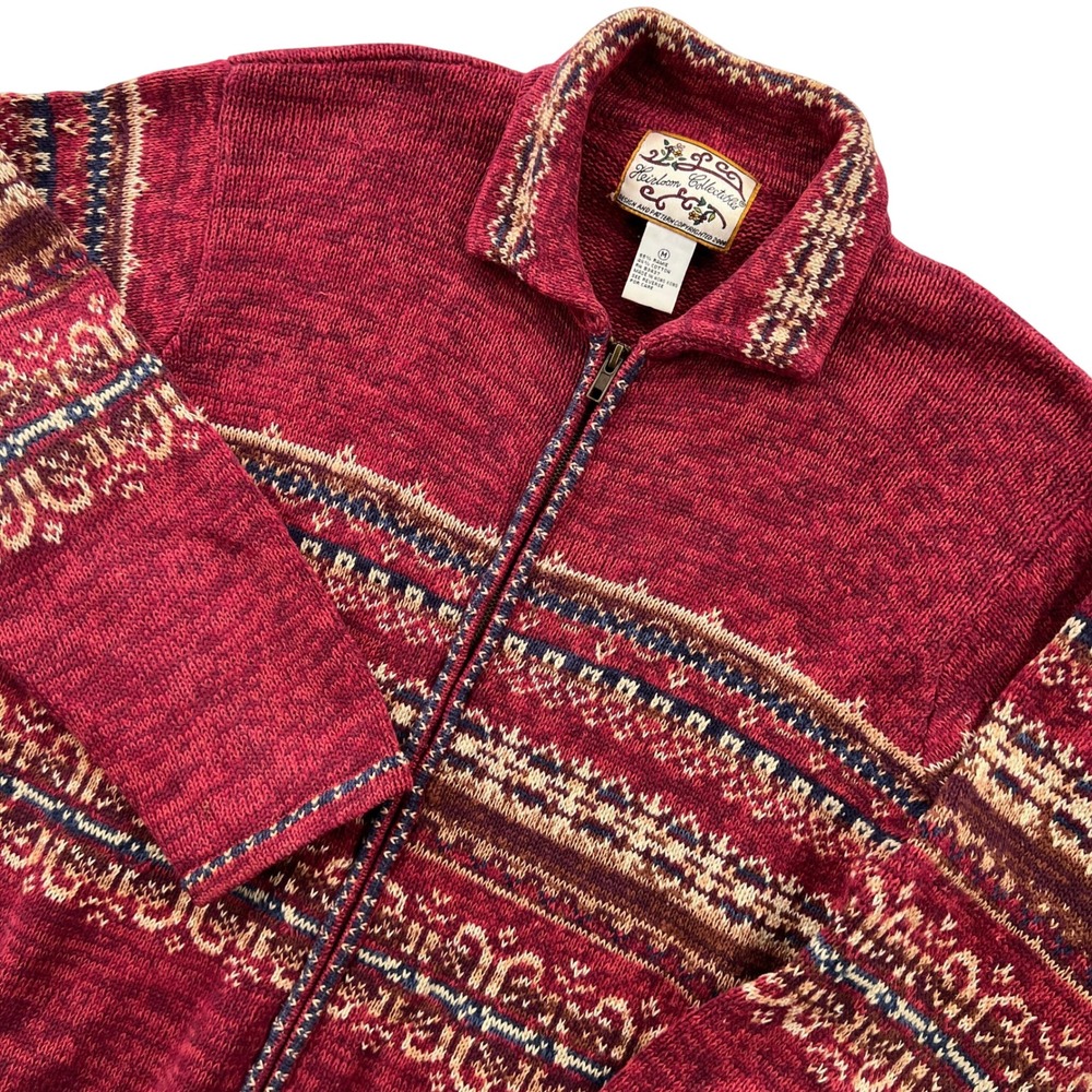 VTG Y2K Heirloom Collectibles Zip Sweater Women M Red Fair Isle Nordic Cottage